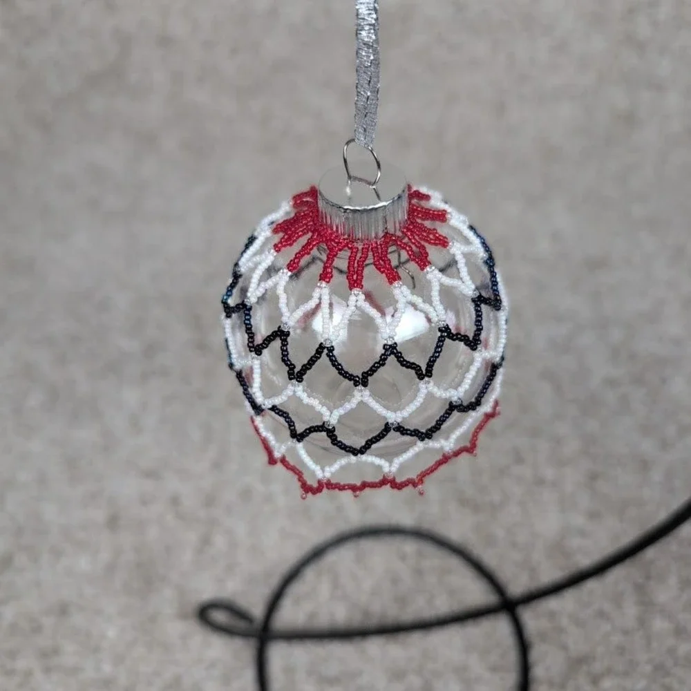 Handmade Beaded Christmas Ornament Ball Red White Blue Festive Holiday Decor
